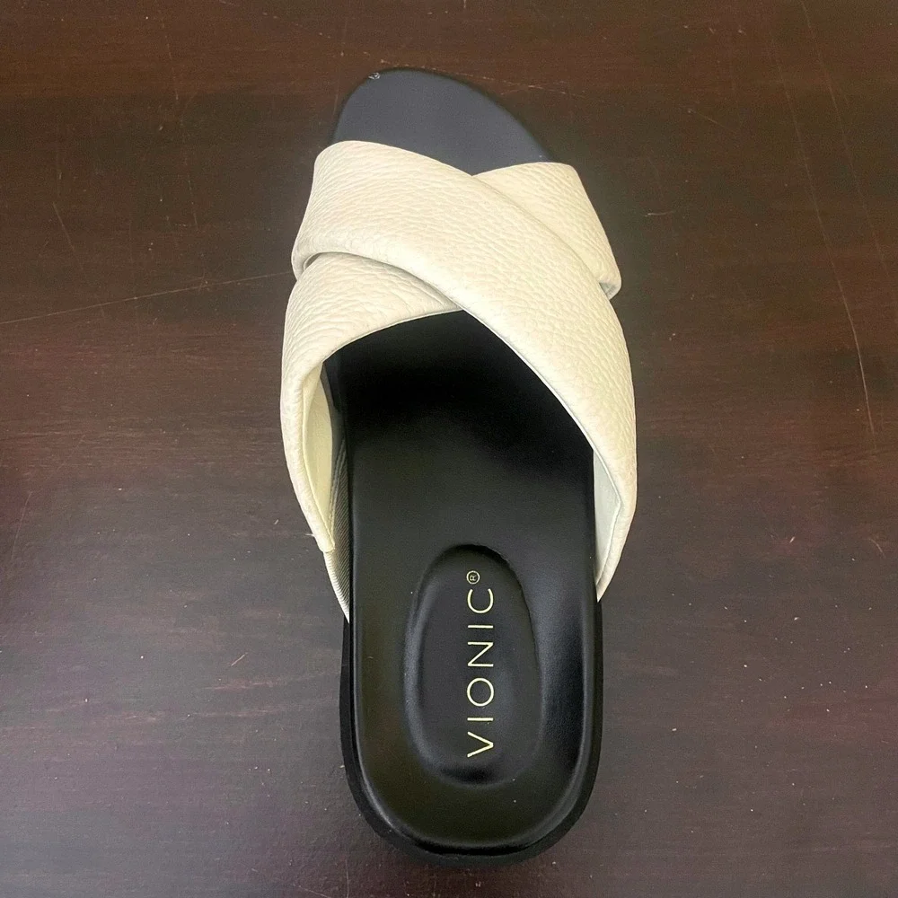 Vionic Vesta White Pebbled Leather Crisscross Platform Slide Sandals‎ Women 8
